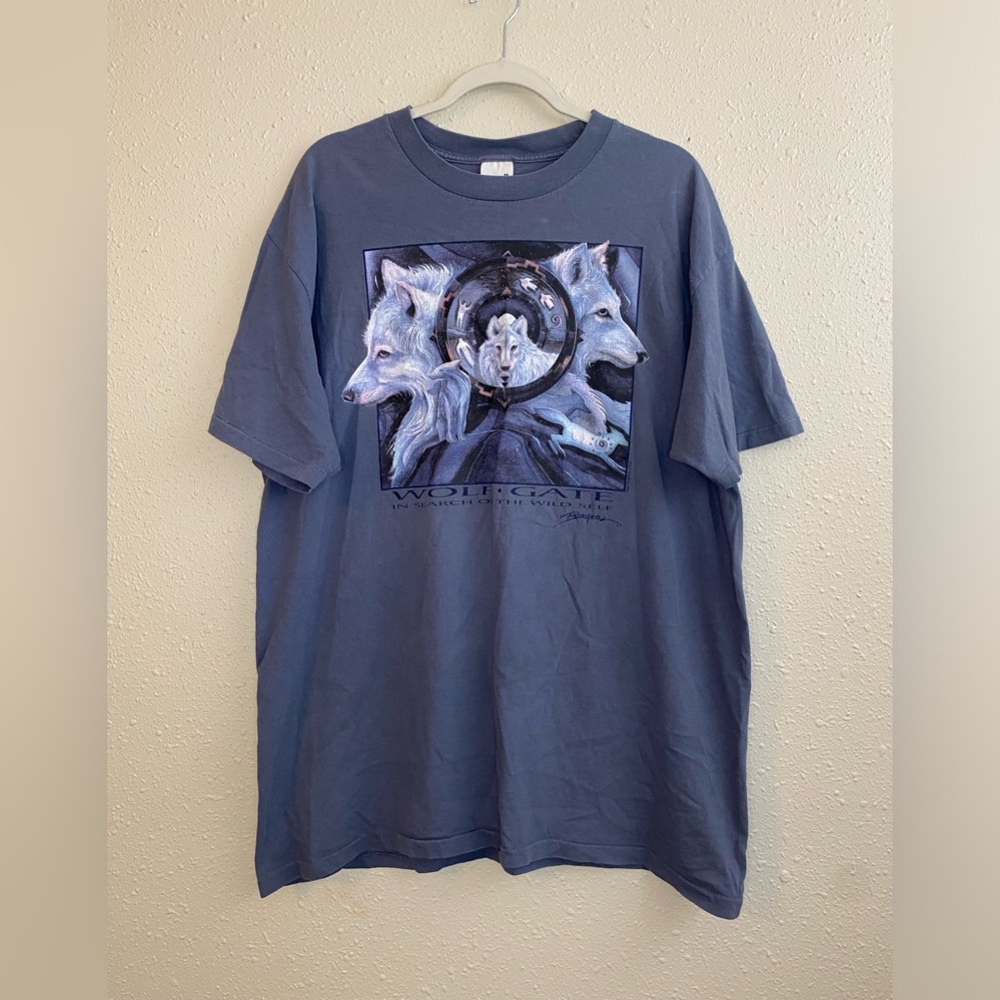 Vintage 90s single stitch Bergsma wolf tee | blue gray | size XL
